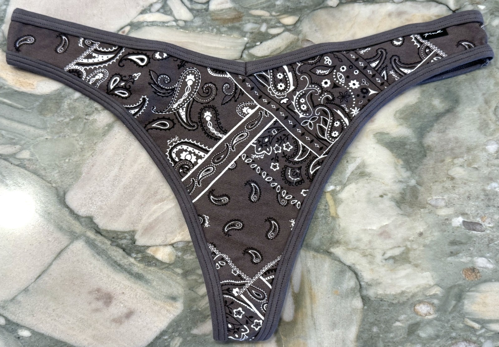 NEW Victoria Secret PINK Cotton Thong Panty Charcoal Patchwork Bandana XL or XXL