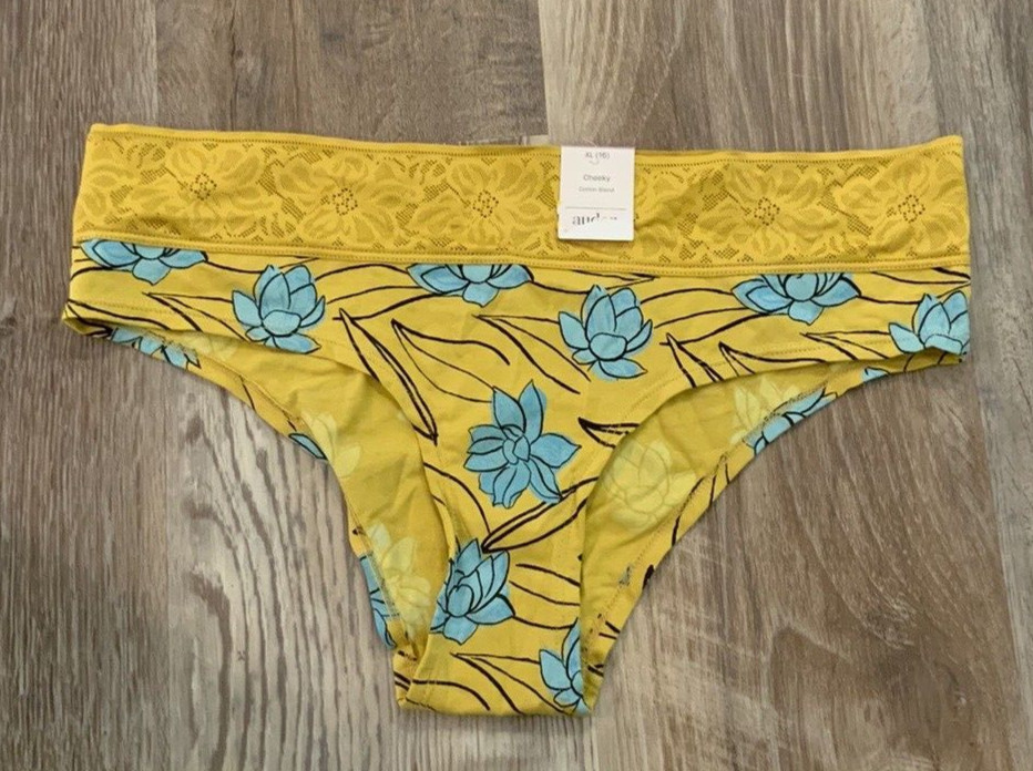 Auden Womens Yellow Floral Cheeky Lace Trim Underwear Panties Size XL (16)