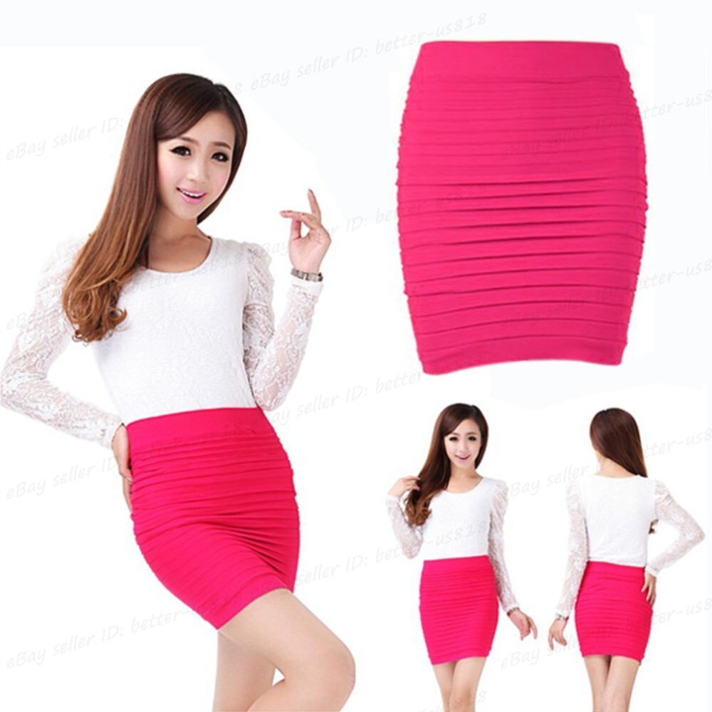Sexy Women A-Line Mini Skirt Pleated Seamless Stretch Tight Fitted Bodycon Dress