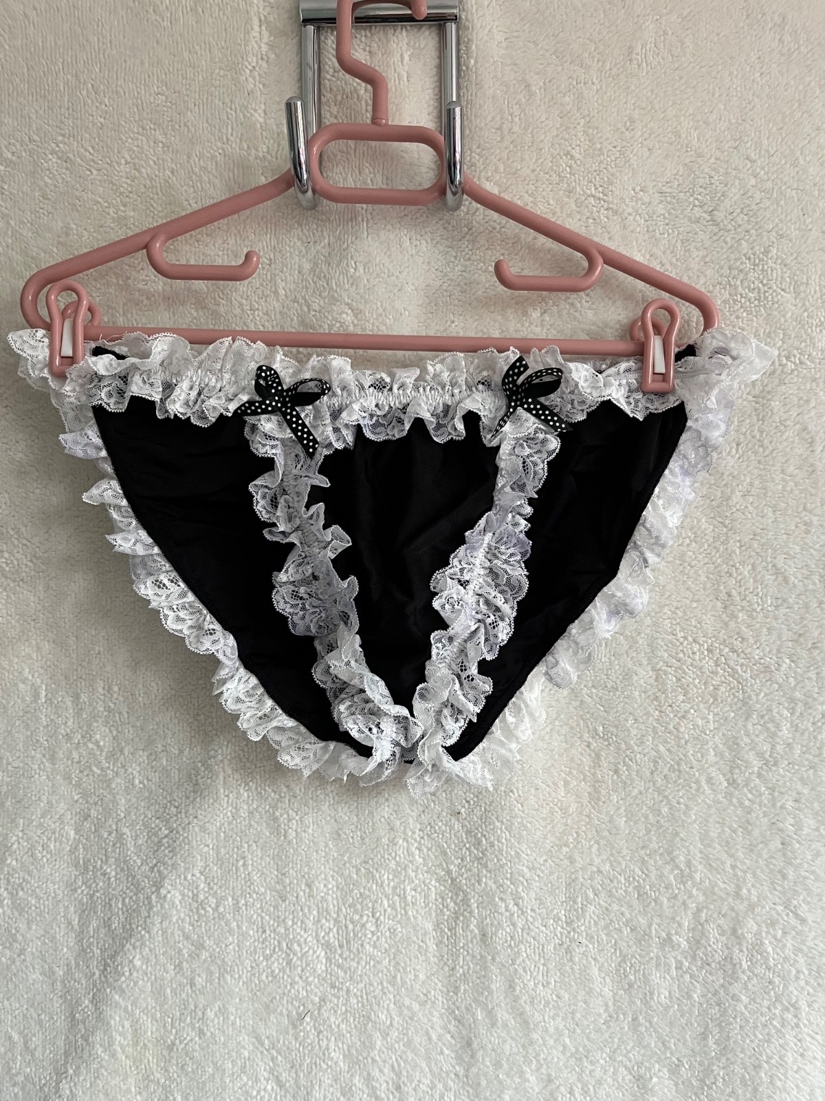 Cute Men’s Frilly Pouch Panties Silky Black Bows Nylon Sissy CD TV Size XL