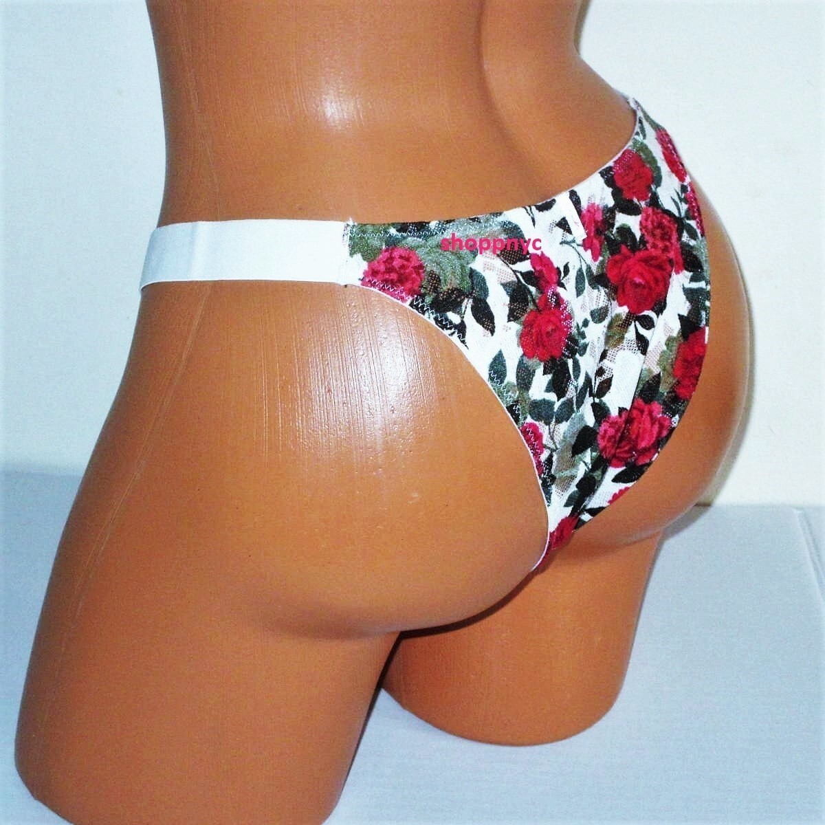 PINK VICTORIA’S SECRET Lace Brazilian Panty Size L White Red Floral Roses