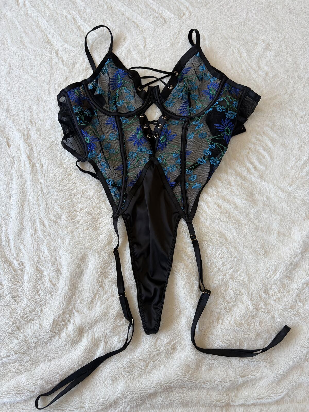 Black and Blue Floral Embroidered Lingerie Teddy Bodysuit –