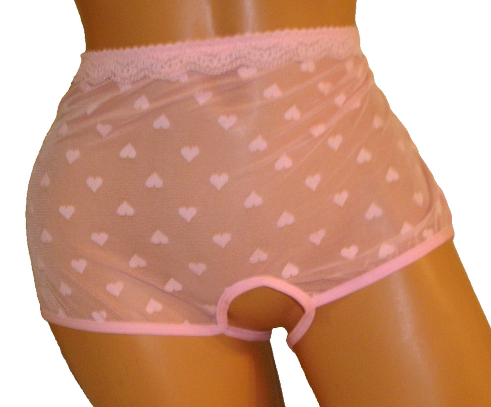 Panties Lingerie Open Back Heart Print & Mesh Pink Crotchless XL Adult Gift