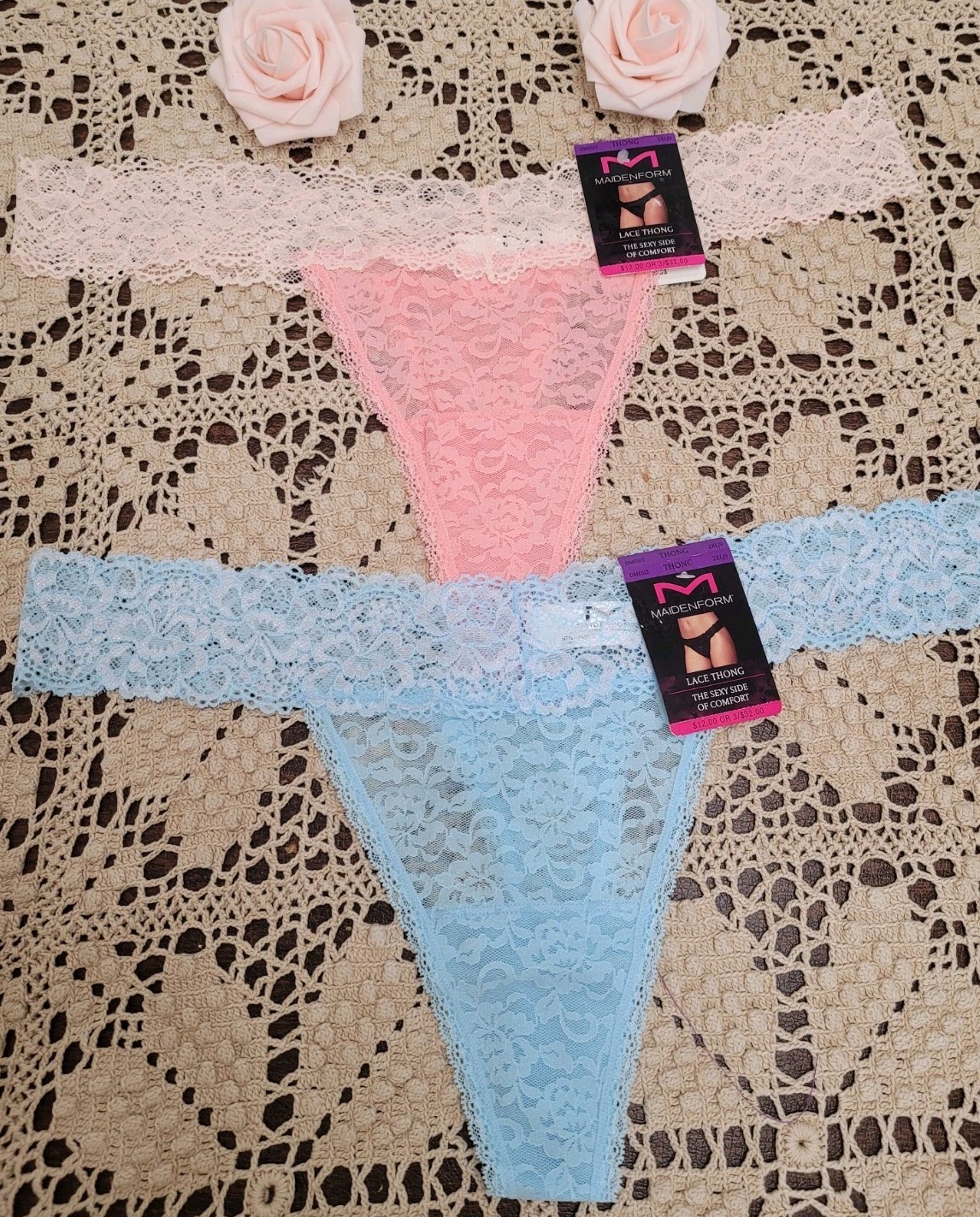 MAIDENFORM Sexy Floral Lace Thongs DMESLT~ SZ 9 / 2XL Coral/ Blue $24.00