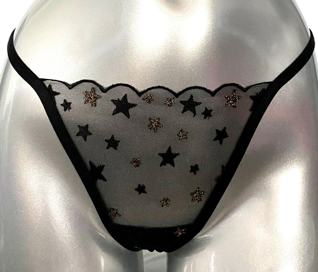 Victoria’s Secret V String Panty Sheer Mesh Black & Gold Shimmer Star M L