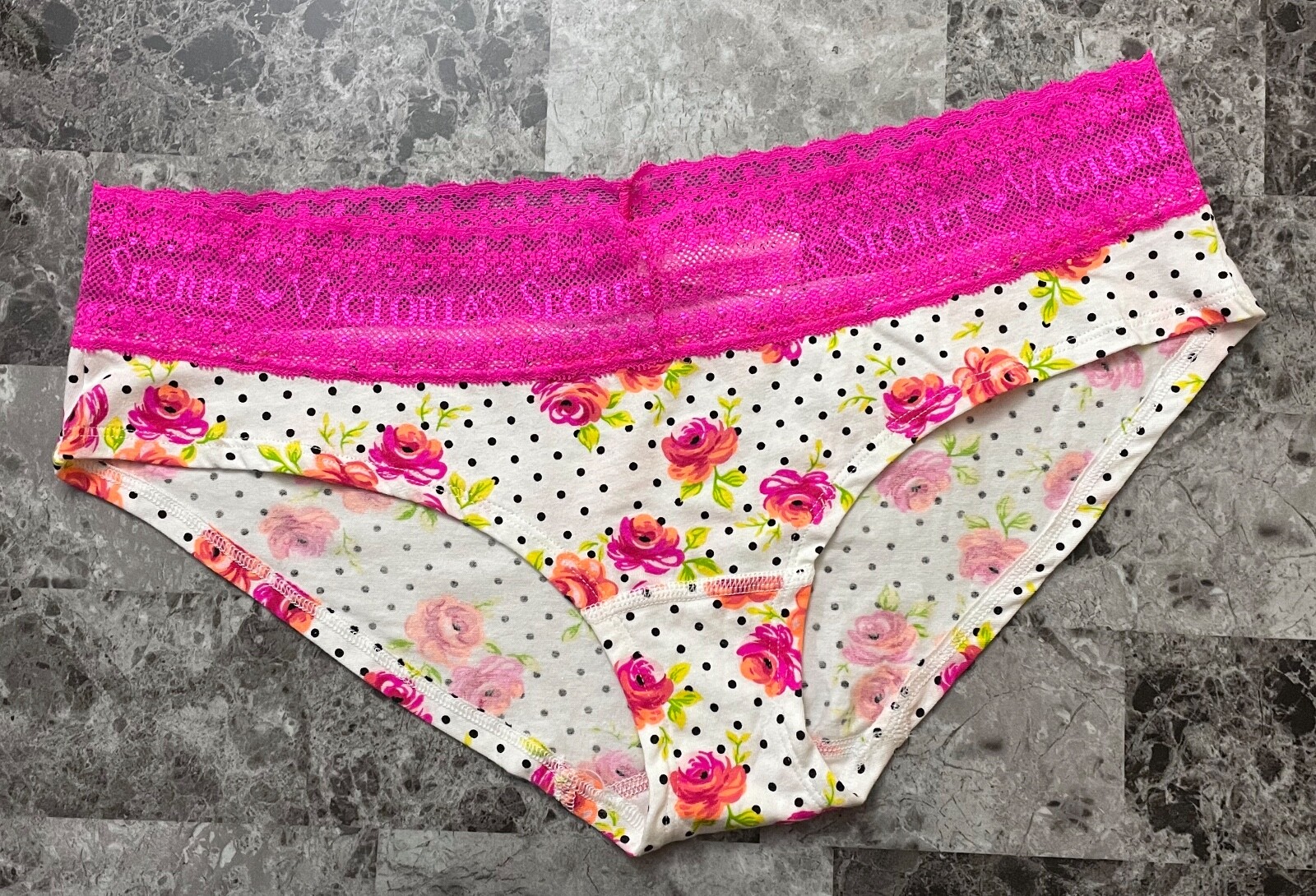 NWT VICTORIA’S SECRET L PINK FLORAL POLKA DOT LOGO LACE RARE HIPHUGGER PANTIES