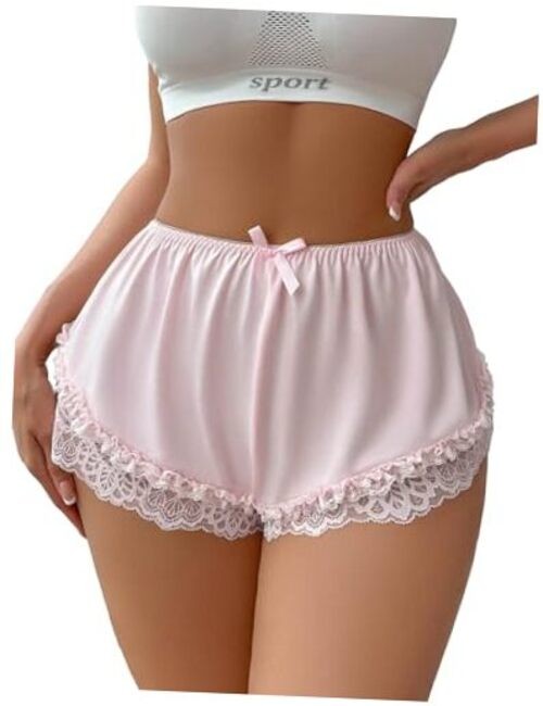 Women’s Contrast Lace Bow Front Frill Trim Mesh Satin Brief Large Pink