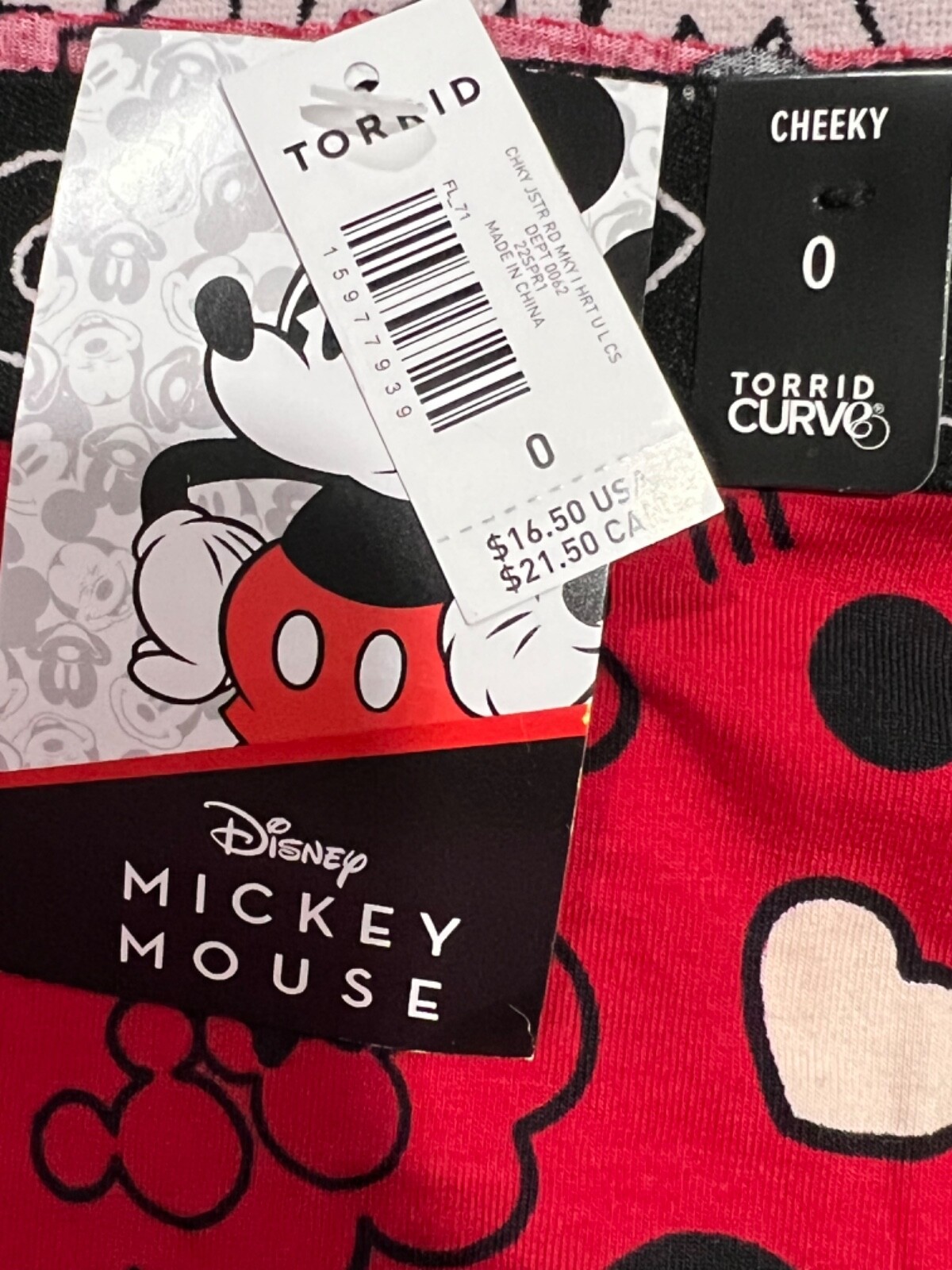 NWT TORRID Cheeky Pantie Underwear Sz 0-1-3 red Mickey Mouse Hearts
