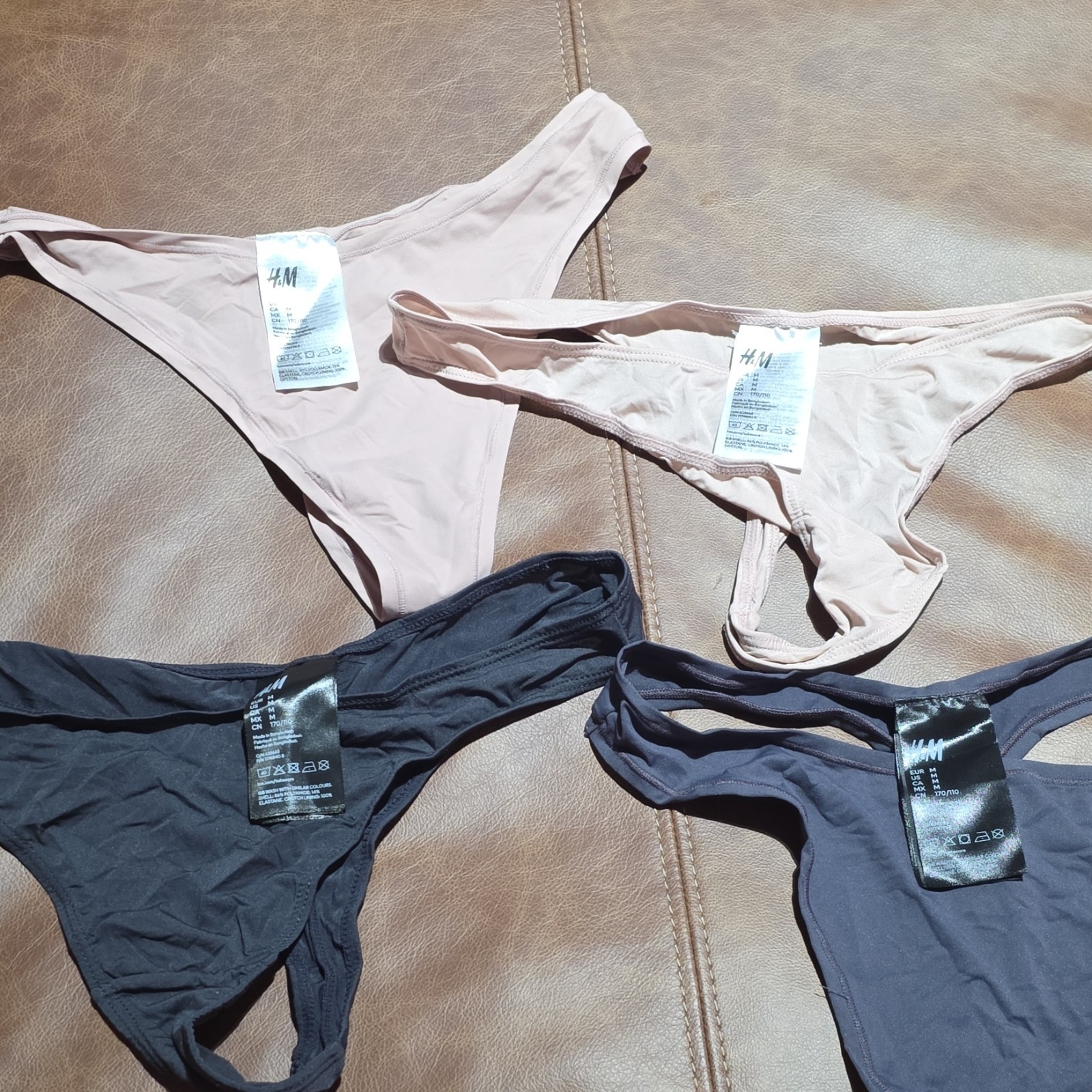 H&M Women’s Solid Thong/String Panties 4 Pack Size M Beige Black Stretch