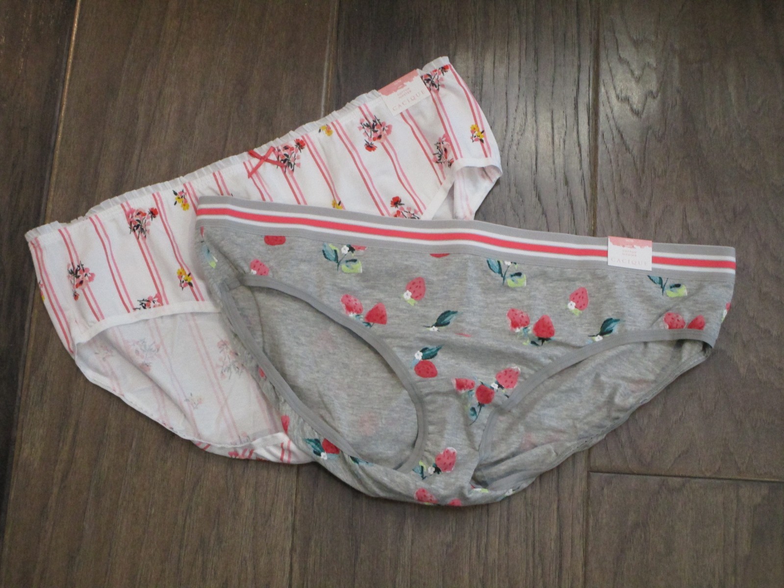 CACIQUE 2-PACK COTTON HIPSTER PANTIES PINK STRIPE/GRAY STRAWBERRIES SIZE 14/16