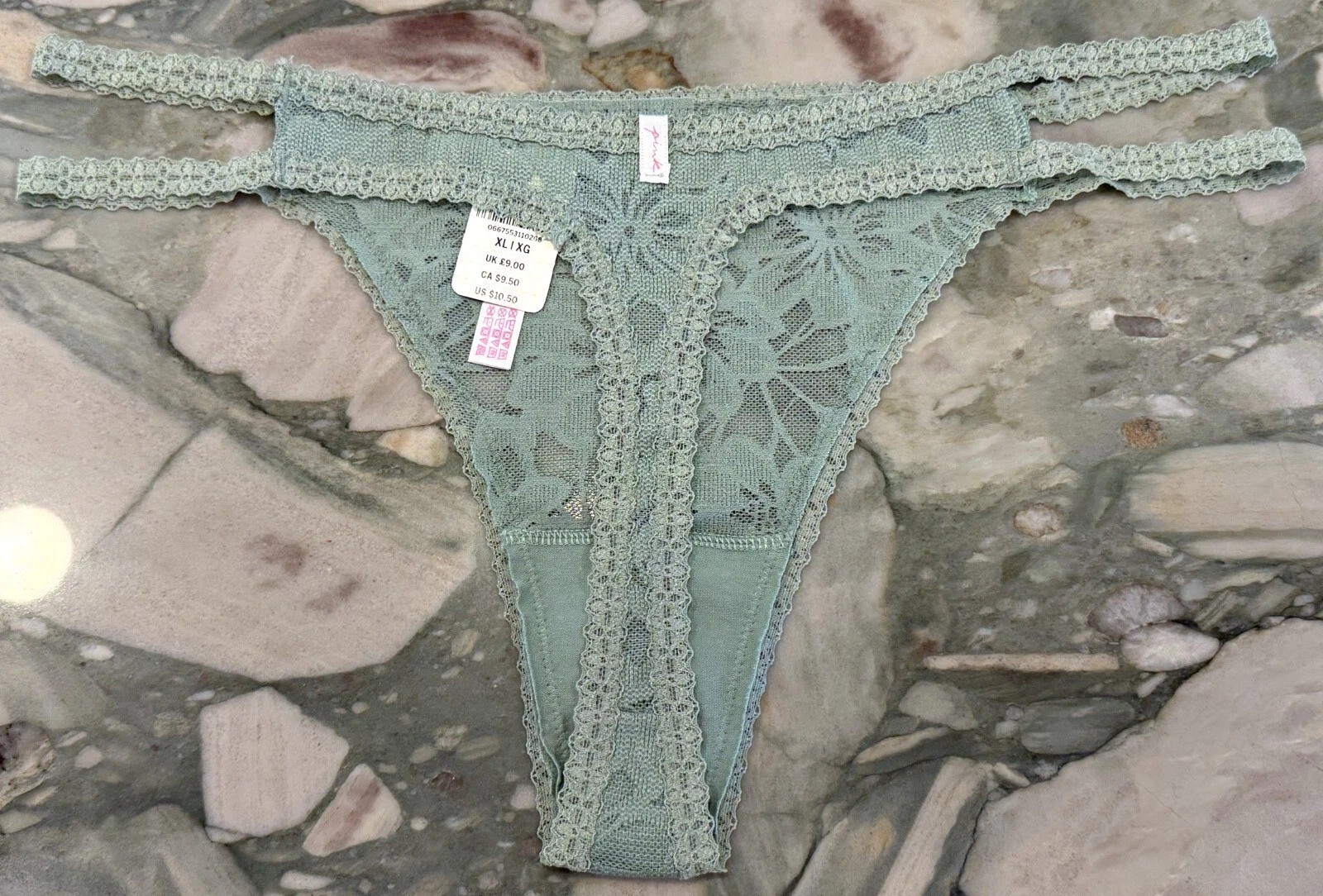 NEW Victoria Secret PINK Lace Strappy Thong Panty – Seasalt Green – XL