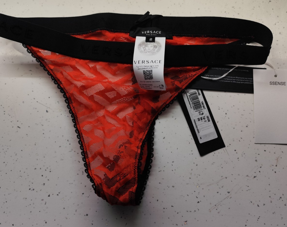 Versace Womens Tulle Monogram Red Black Thong – Azelea 1R330 – Size 2 UK Small