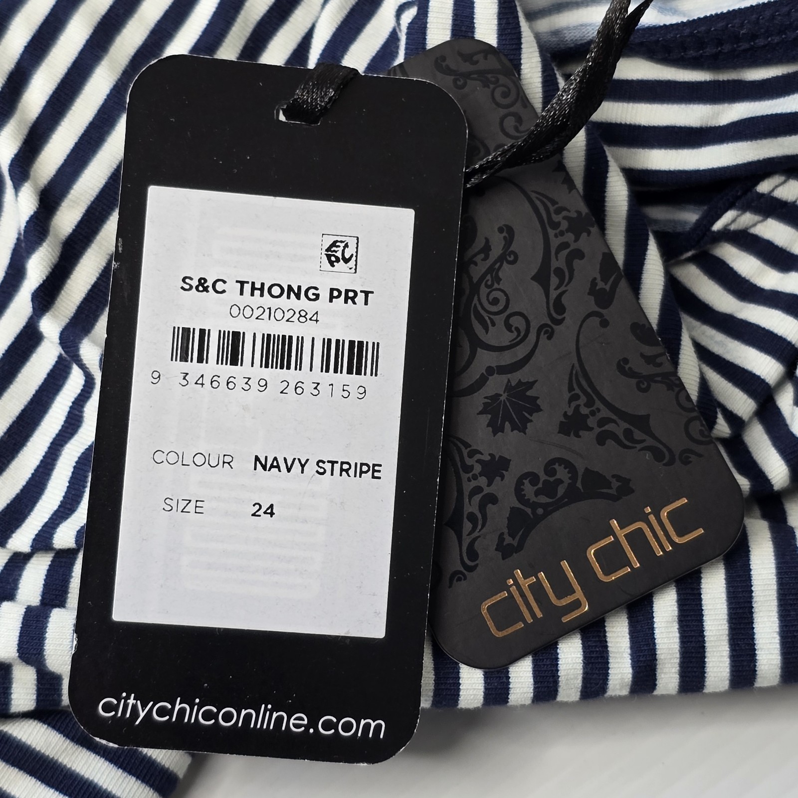 City Chic Ladies Smooth & Chic Thong Underwear size 24 Navy Stripe. 1 Pair