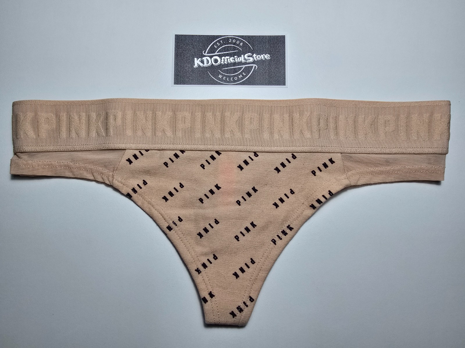 XS Victoria’s Secret PINK Wide Logo Thong Panties Underwear Nude Buff