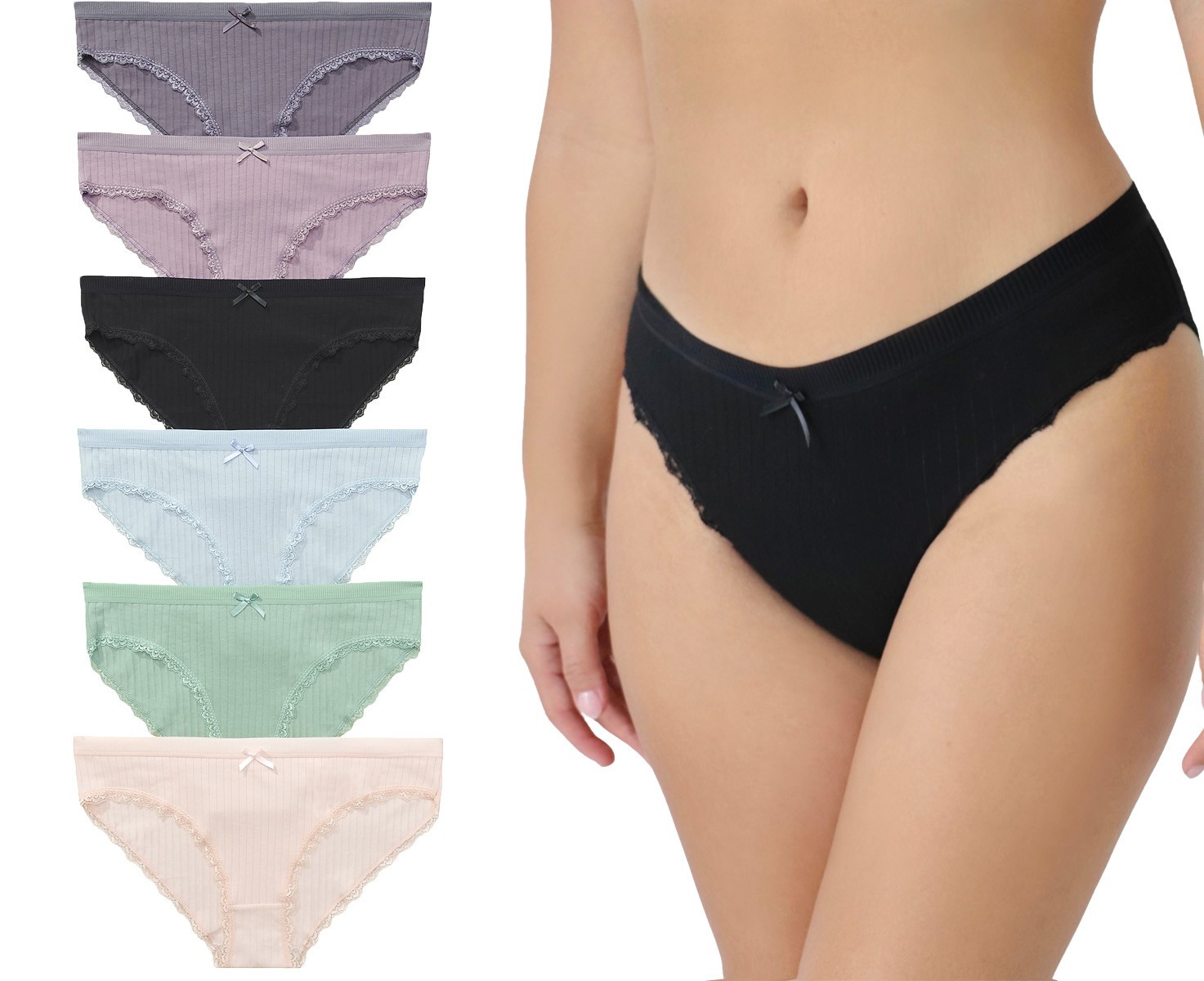 Nabtos Cotton Bikini Panties Women Underwear Lace Trim Low Rise Pack 6 Large
