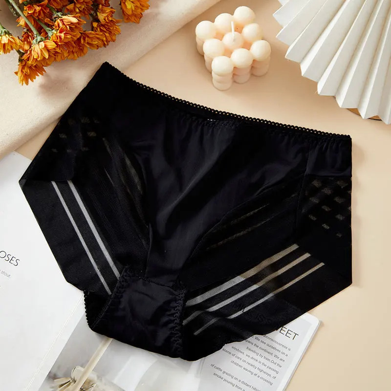 Lace Panties High Waist Sheer Stripe Stretch Breathable Briefs Underwear Women