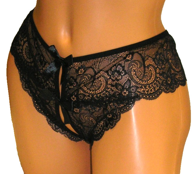 Panties Lingerie Bow Front & Back Black Lace Crotchless, 0XL Adult Gift
