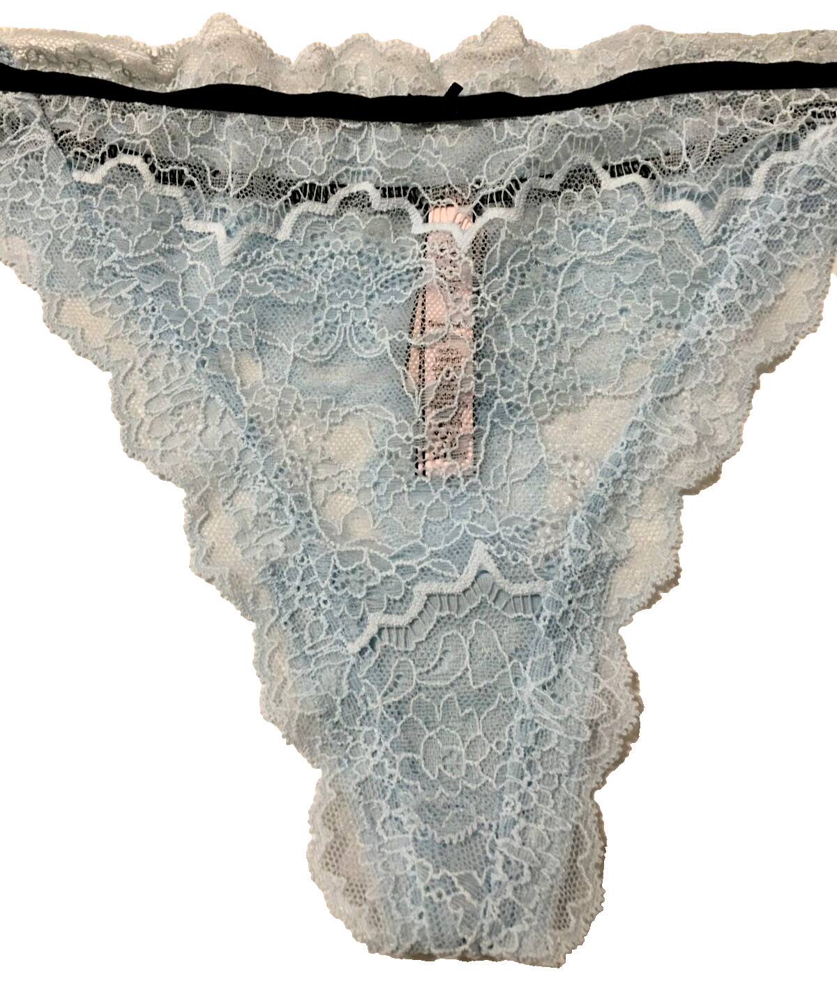Victorias Secret Dream Angel Powder Blue Lace Thong Panty XL Black Ribbon Trim