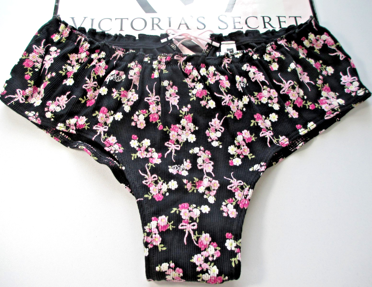 VICTORIA’S SECRET PINK Cotton Cheeky Panty S M L Ruffle NWT Tie Bow Black Floral
