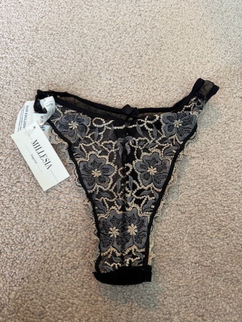 NWT MILLESIA Lingerie Black /Anthracite Thong Lace Embroidered Flower Size XS