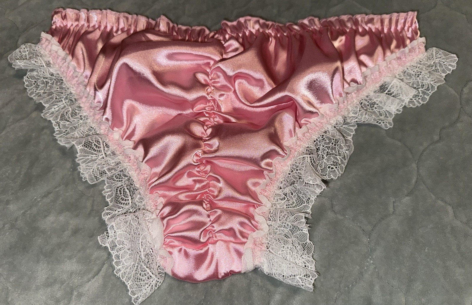 Glossy Satin Ruffled Lace Leg Ruched Bum Bikini Brief Panties Knickers XL NEW