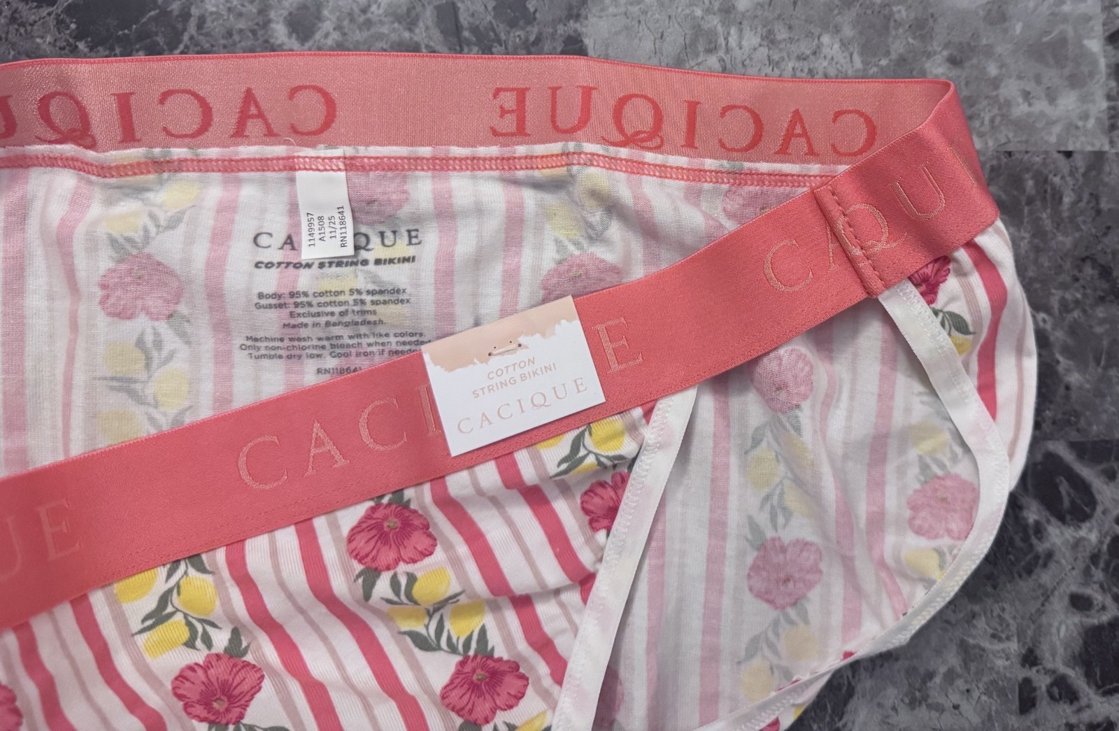 CACIQUE LANE BRYANT 26/28 FLORAL LEMON STRIPE THICK BAND STRING BIKINI PANTIES