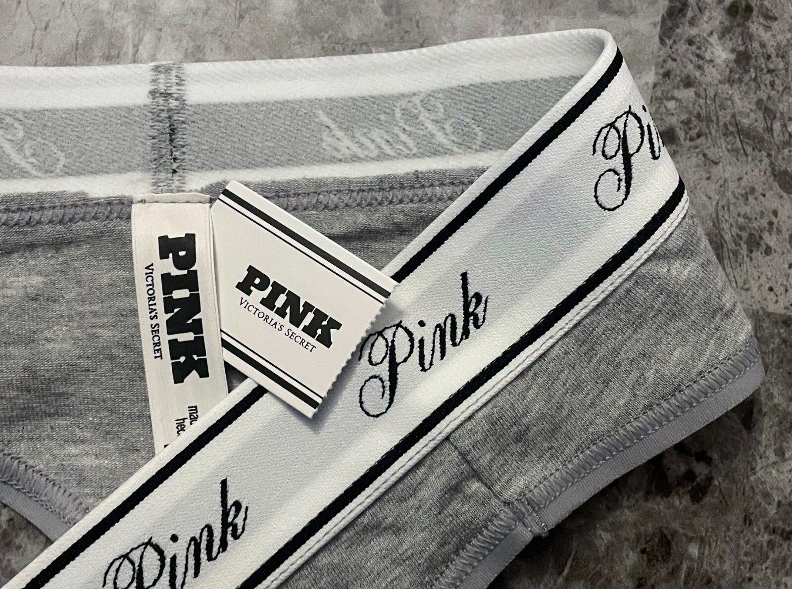 NWT VICTORIA’S SECRET PINK GRAY THICK LOGO BAND HI CUT HIGH WAIST THONG PANTIES
