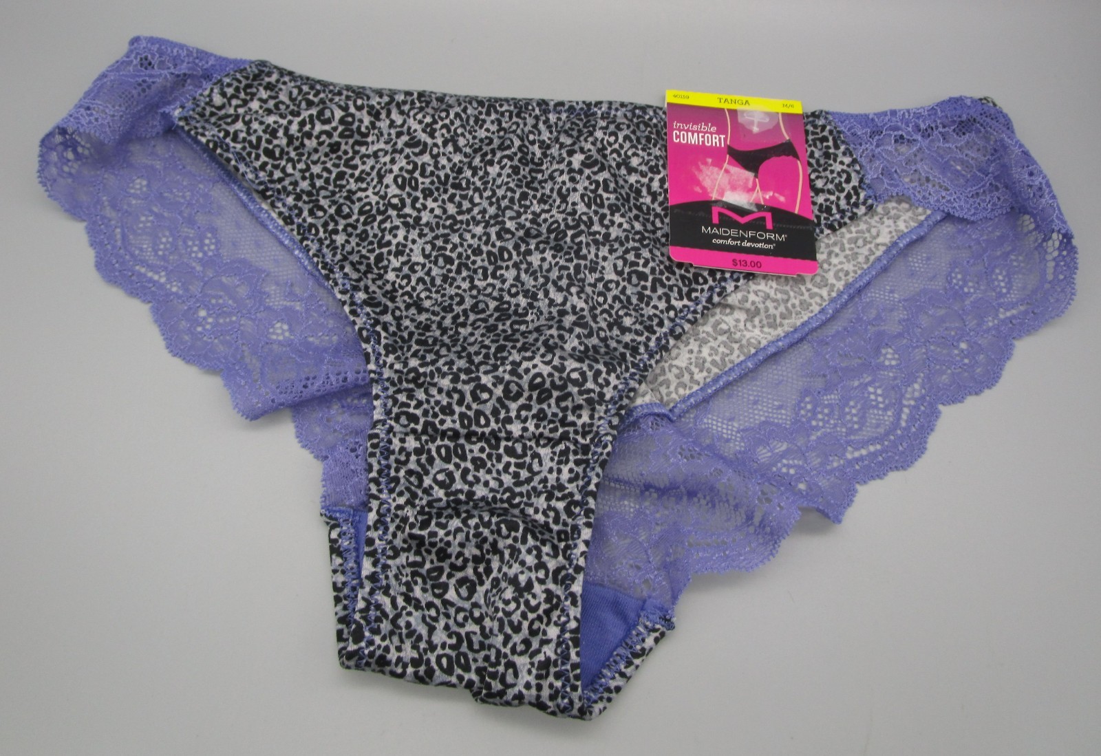 MAIDENFORM~M 6~40159~Black Gray Lush Leopard Comfort Devotion Lace Back Tanga