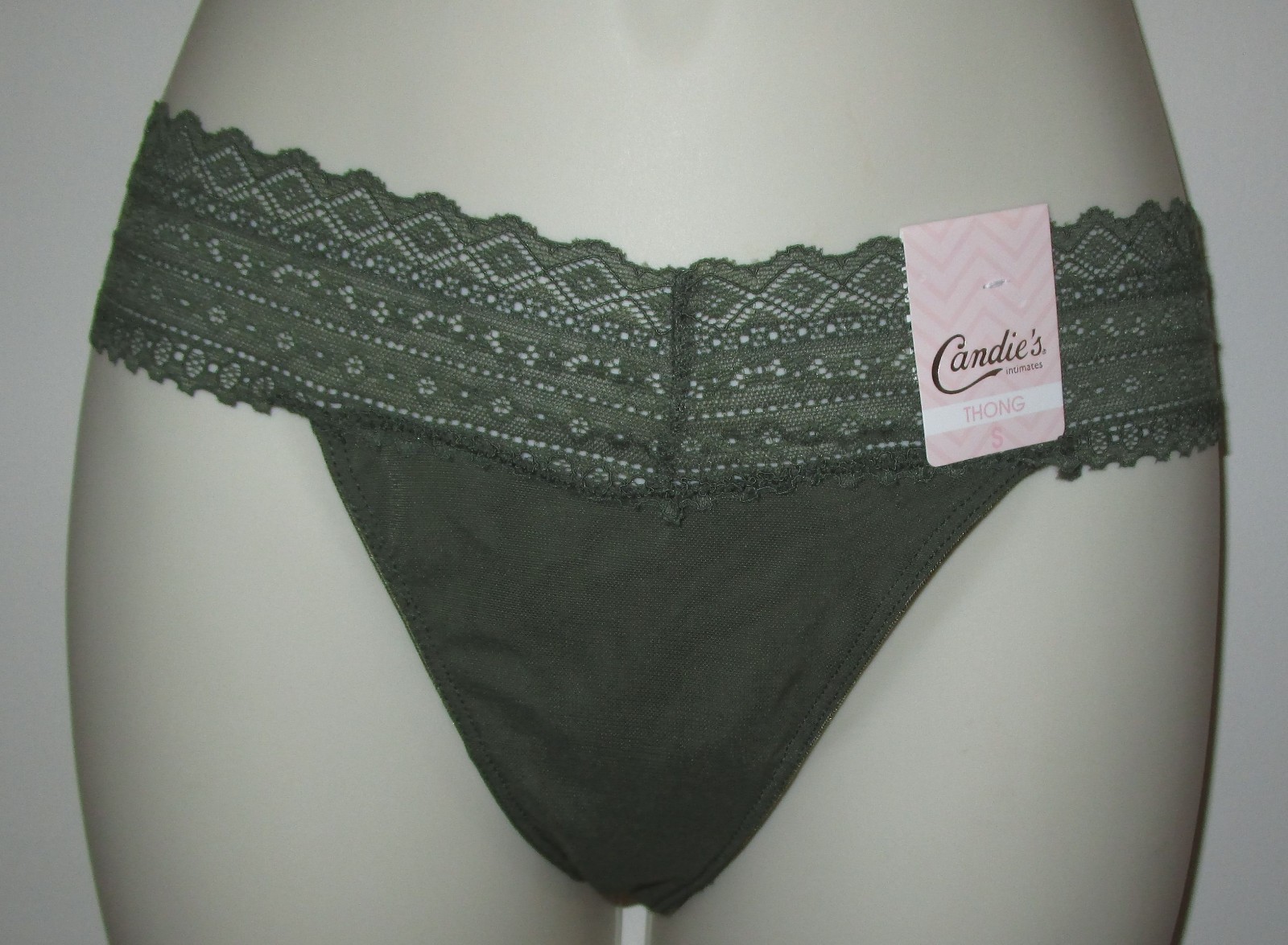CANDIE’S~SMALL JUNIOR~Palm Olive Green Microfiber & Floral Lace Waist Thong