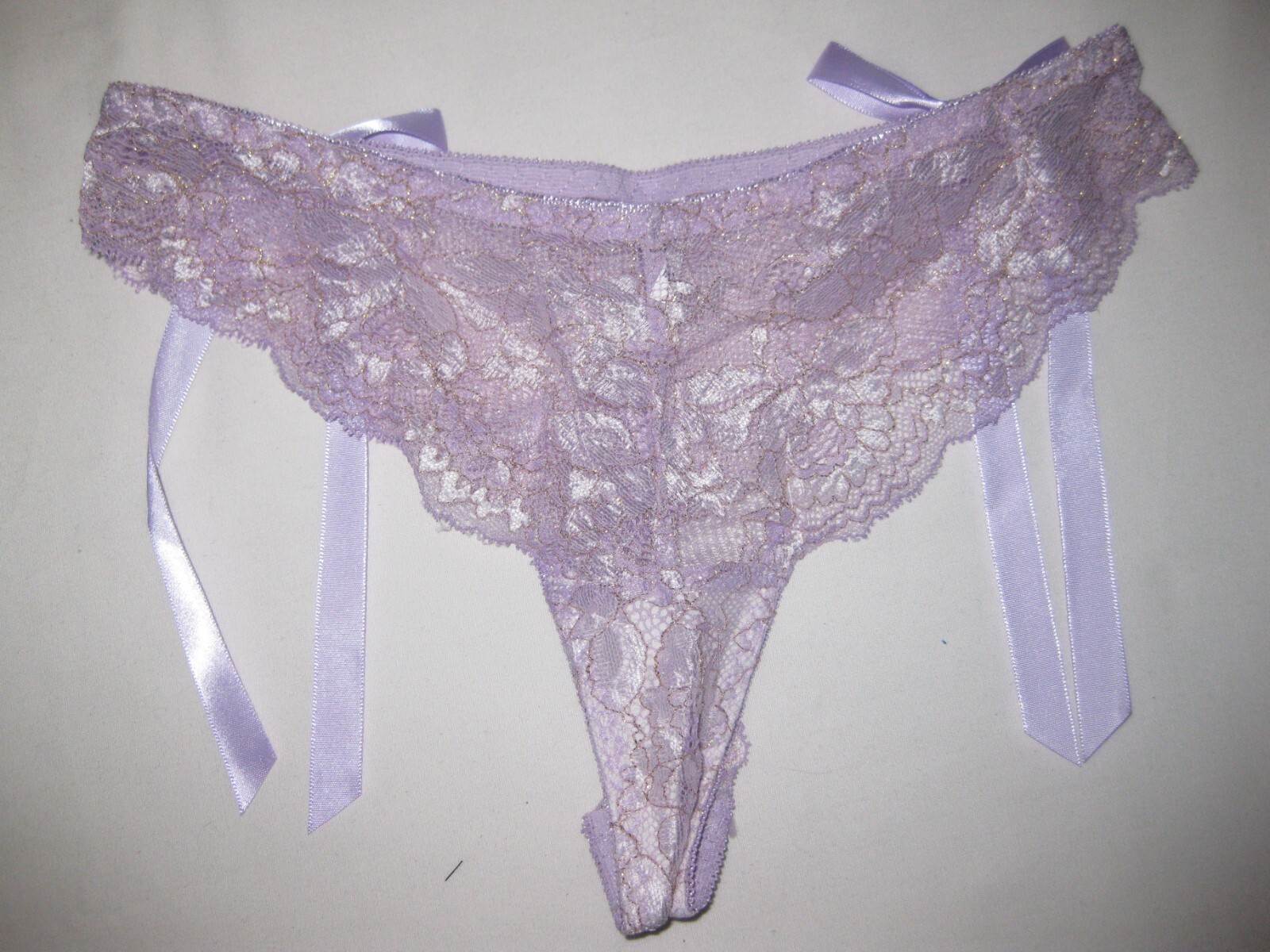 Shein sheer glitter lace w/ribbon bows thong panties S mauve nip kawaii 80s