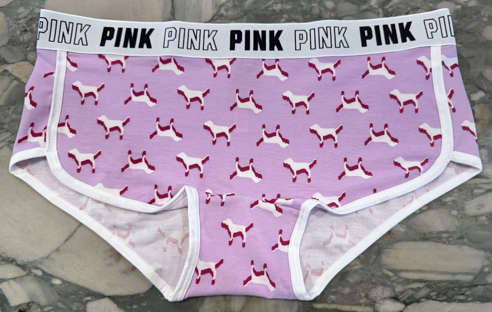 NEW Victoria Secret PINK BLOCK LOGO Cotton Trim Boyshort – Purple Dogs – XXL