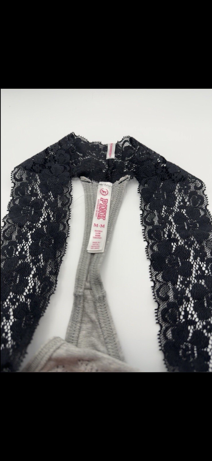 PINK Women’s Lace Waist Thong Panties Gray/Black Leopard Print Size M