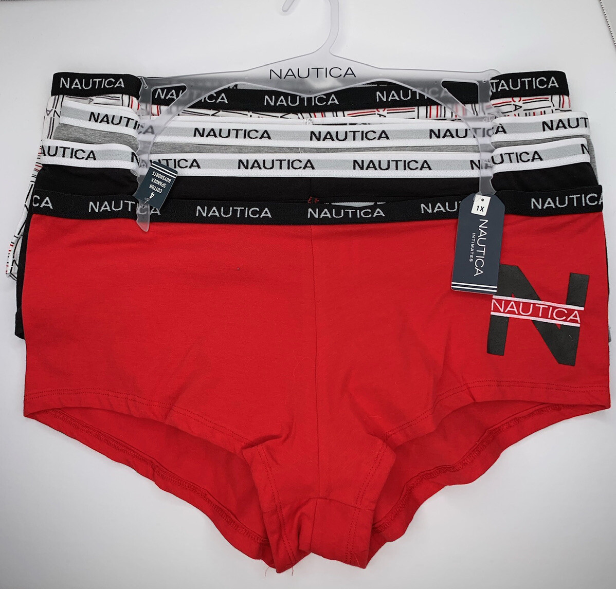 Nautica 4 pack Boy Shorts Panties Plus Size 1X Red Black Gray White Print