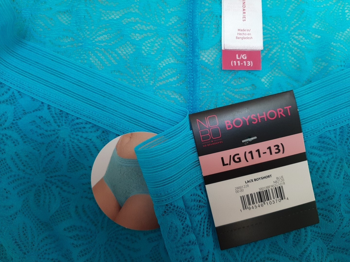 New Jr NO Boundaries Blue nylon/spandex lace Boyshort panty, sz L