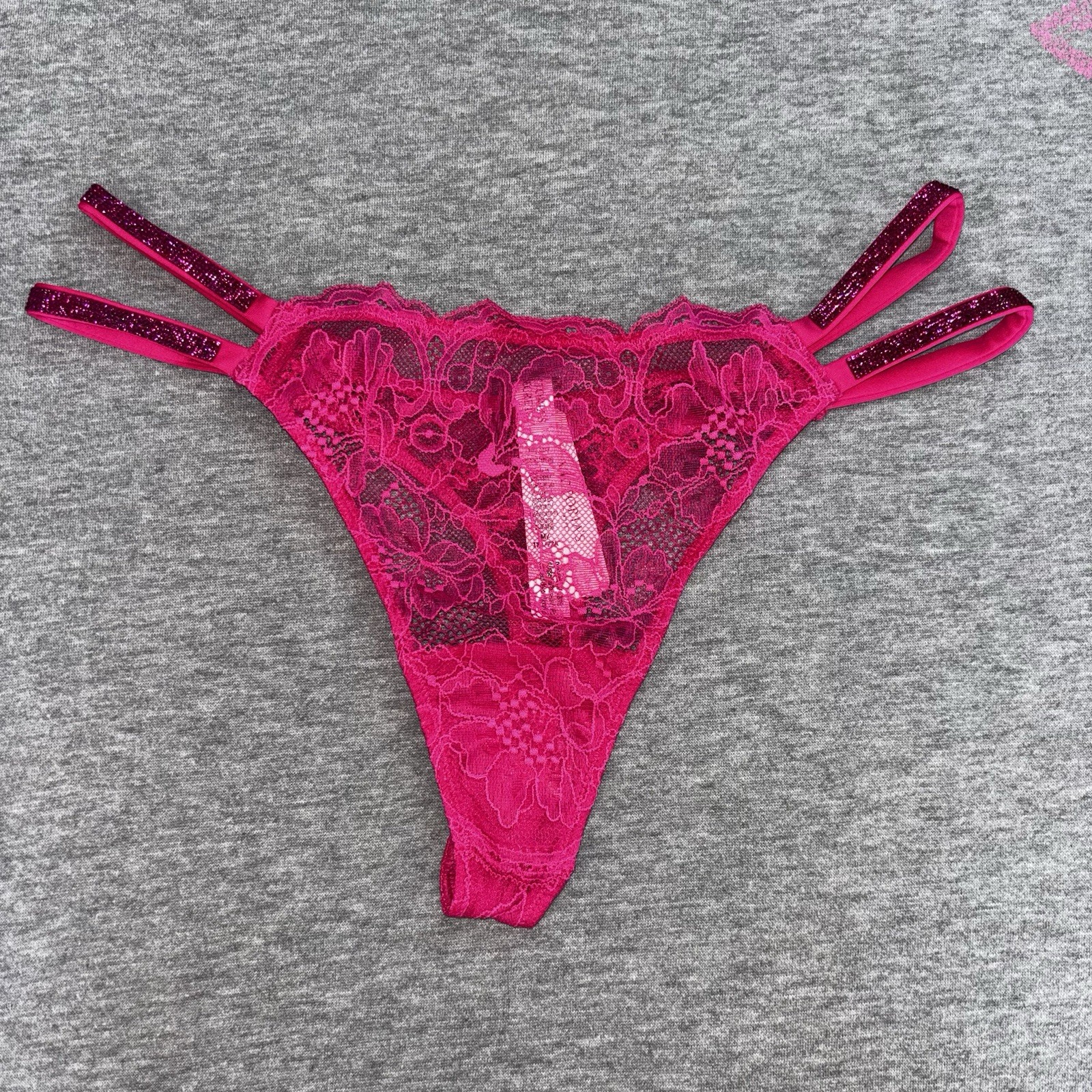 Victoria’s Secret Bright Hot Pink Double Shine Strap Floral Lace Thong Panty