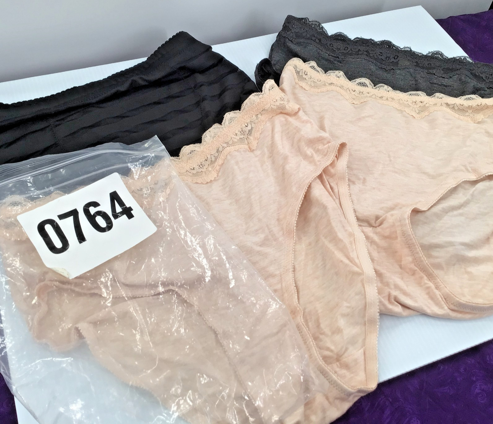 Rhonda Shear Style 4227 – 3 Pair, 2 Peach, 1 Charcoal, + 1 Black Style 4003 MED