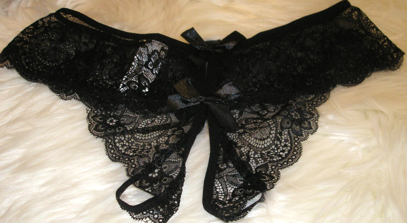 Panties Lingerie Bow Front & Back Black Lace Crotchless, 0XL Adult Gift