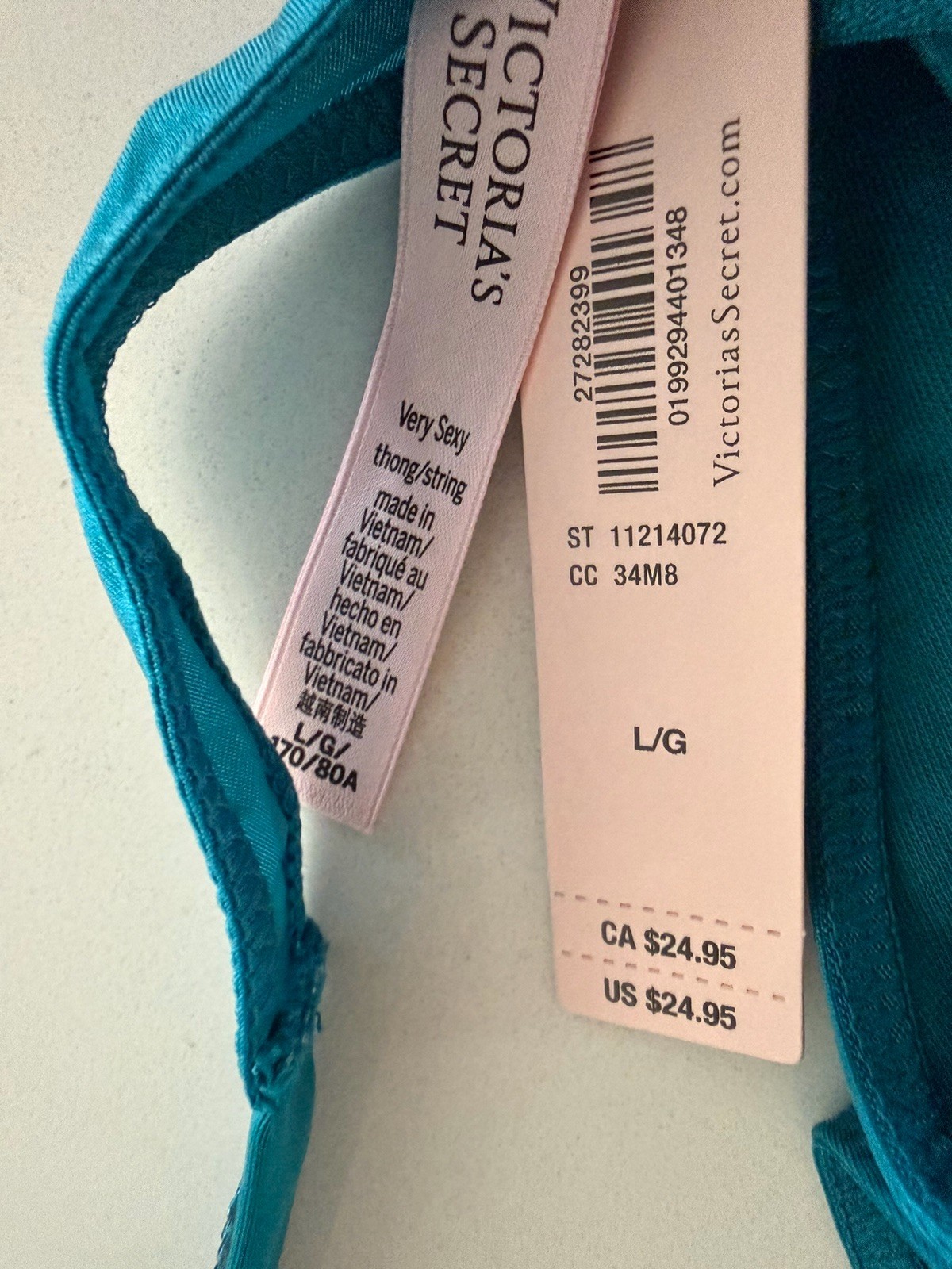 Victoria’s Secret VERY SEXY Thong Panty Logo Shine Strap Teal Satin Large NWT