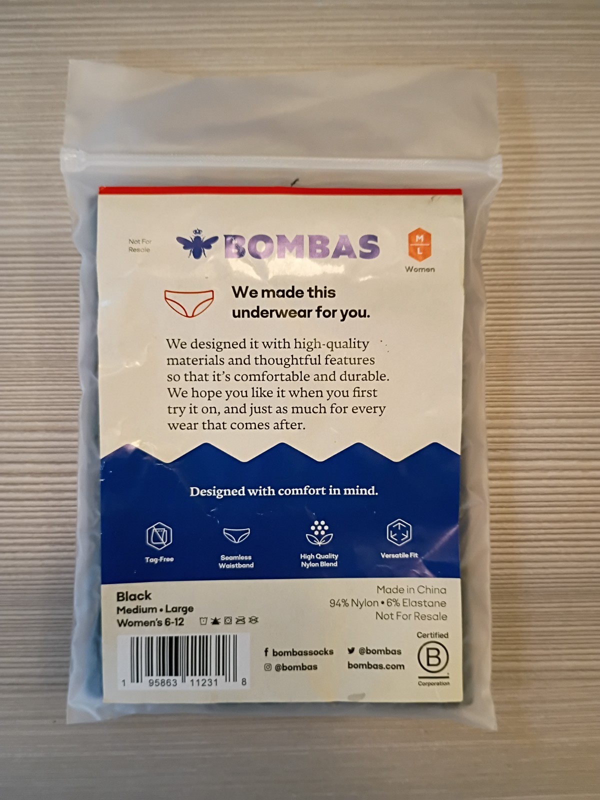 Bombas Women’s Black Seamless Hipster Underwear Size XS/S, M/L and XL/XXL