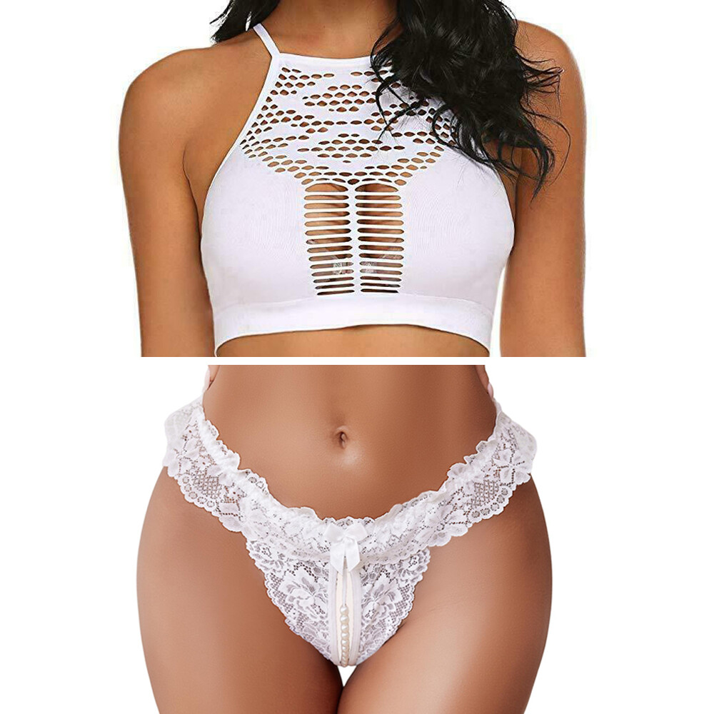 Women’s Fishnet Top with Pearl Panty Underwear Set Babydoll Nightwear Pajamas US