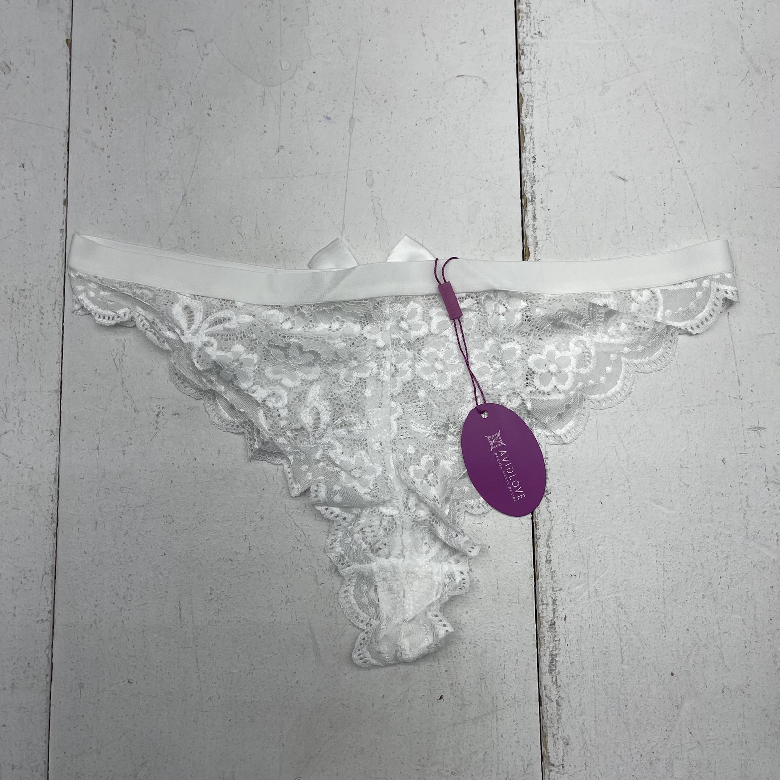 Avidlove Thong Panties Womens XL White Lace Lingerie Scalloped Trim Bow Stretch