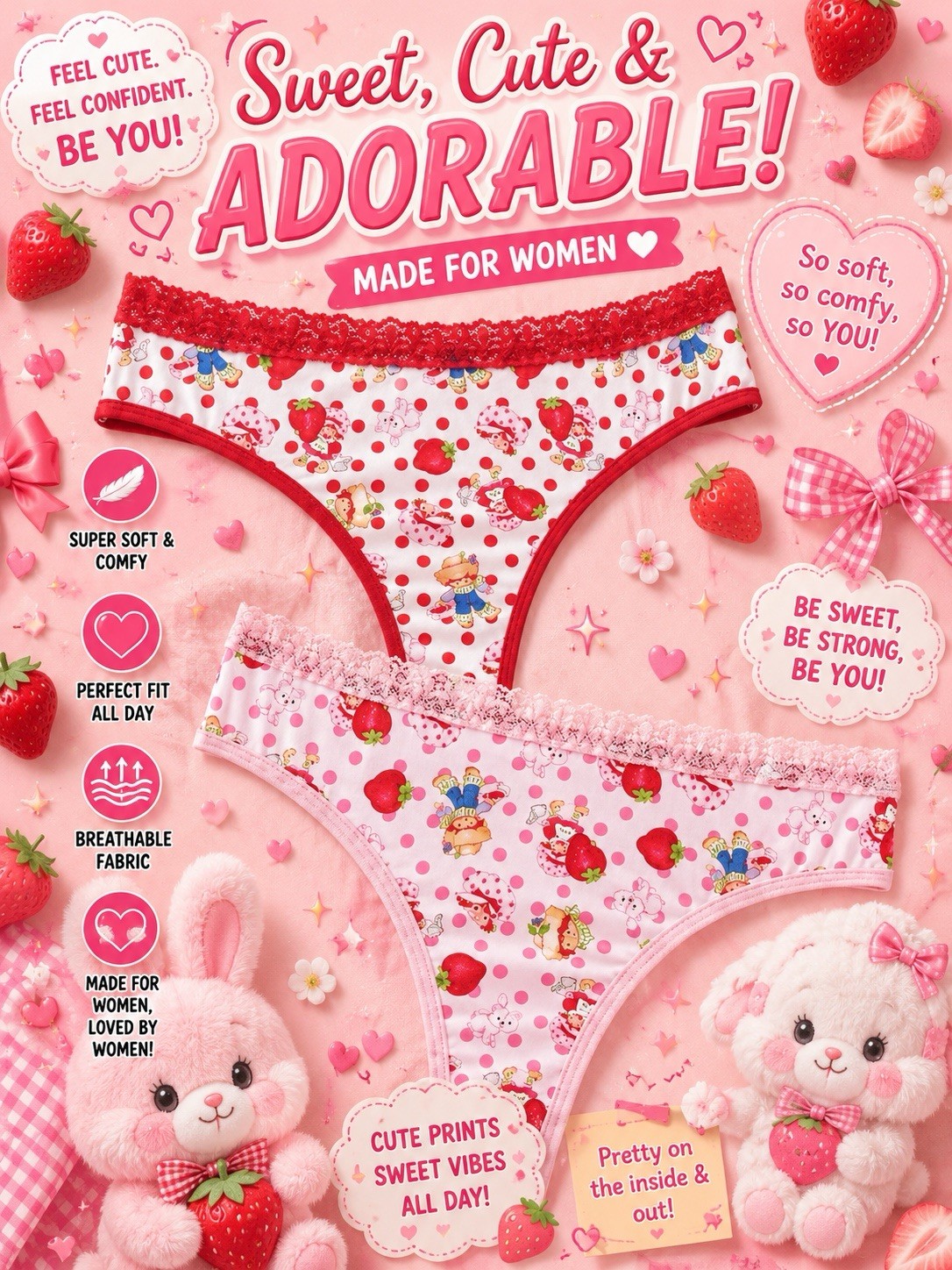 Women’s Teens Strawberry Shortcake Red Pink Kawaii Thong Panties 2pk Large