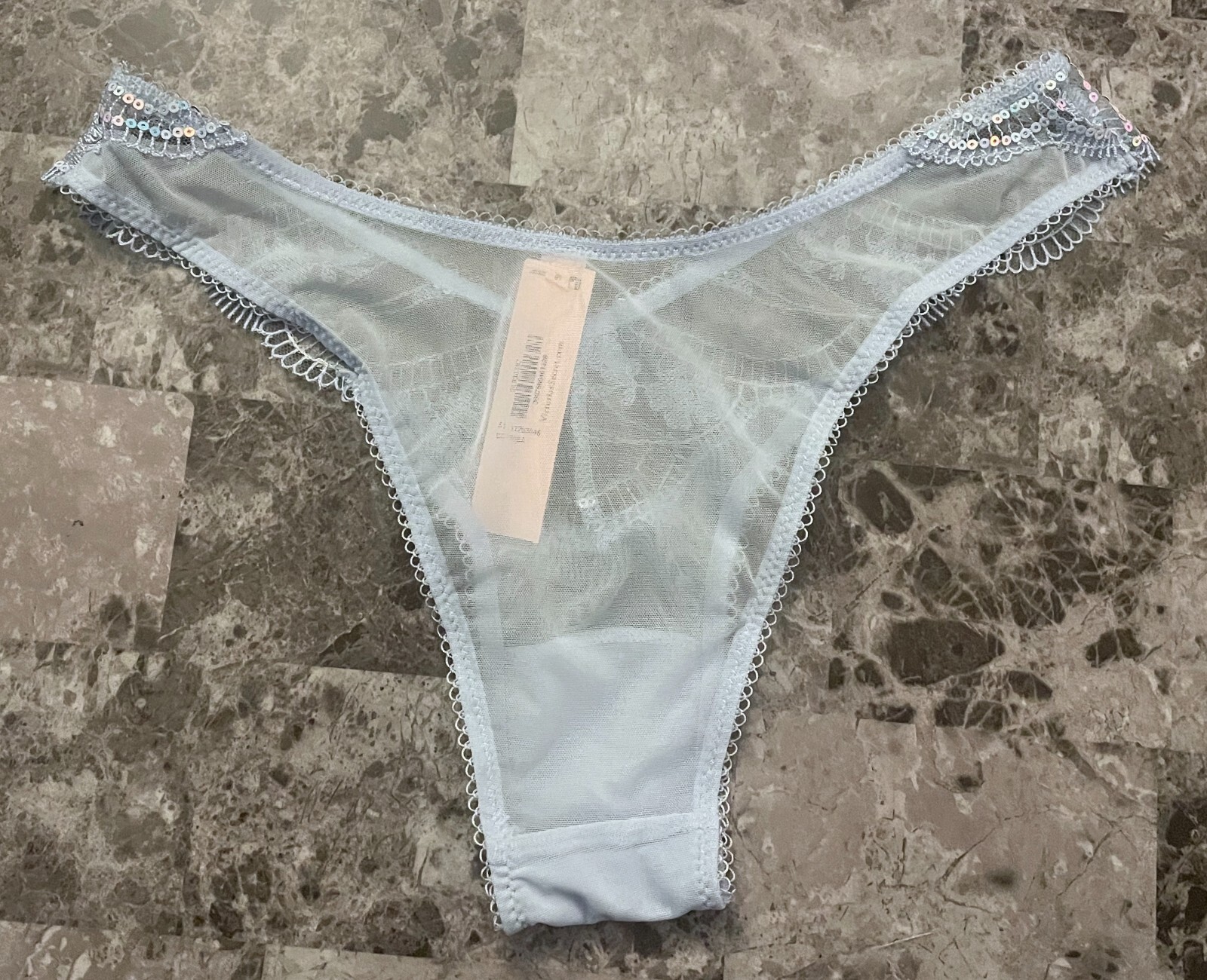 NWT VICTORIA’S SECRET BLUE MESH IRIDESCENT SEQUIN PICOT BRAZILIAN CHEEKY PANTIES