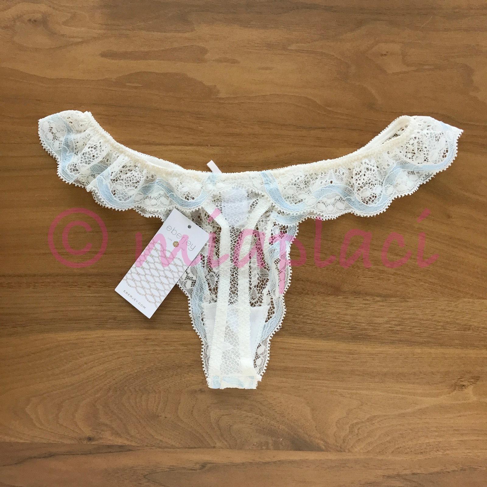 NWT Eberjey Something Blue Lace Ruffle Thong Panty #A1479LR Ivory/Blue Bridal