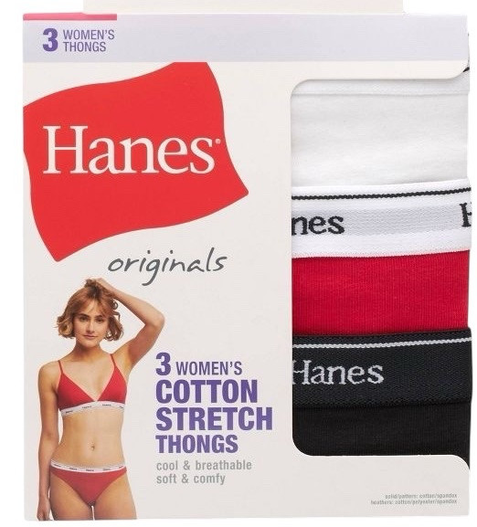 HANES Womens 3-Pack Cotton Thong Underwear Panties Red Black White Size 5 S
