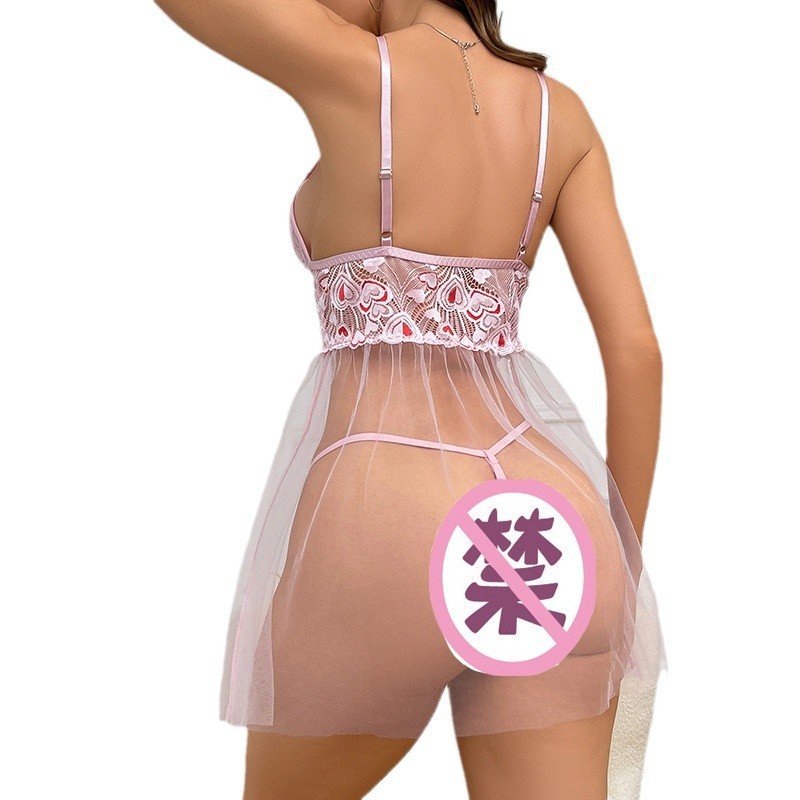 New Love Lace Strap Cross Splicing Mesh Transparent Sexy Cute Strap Sleeping Ski