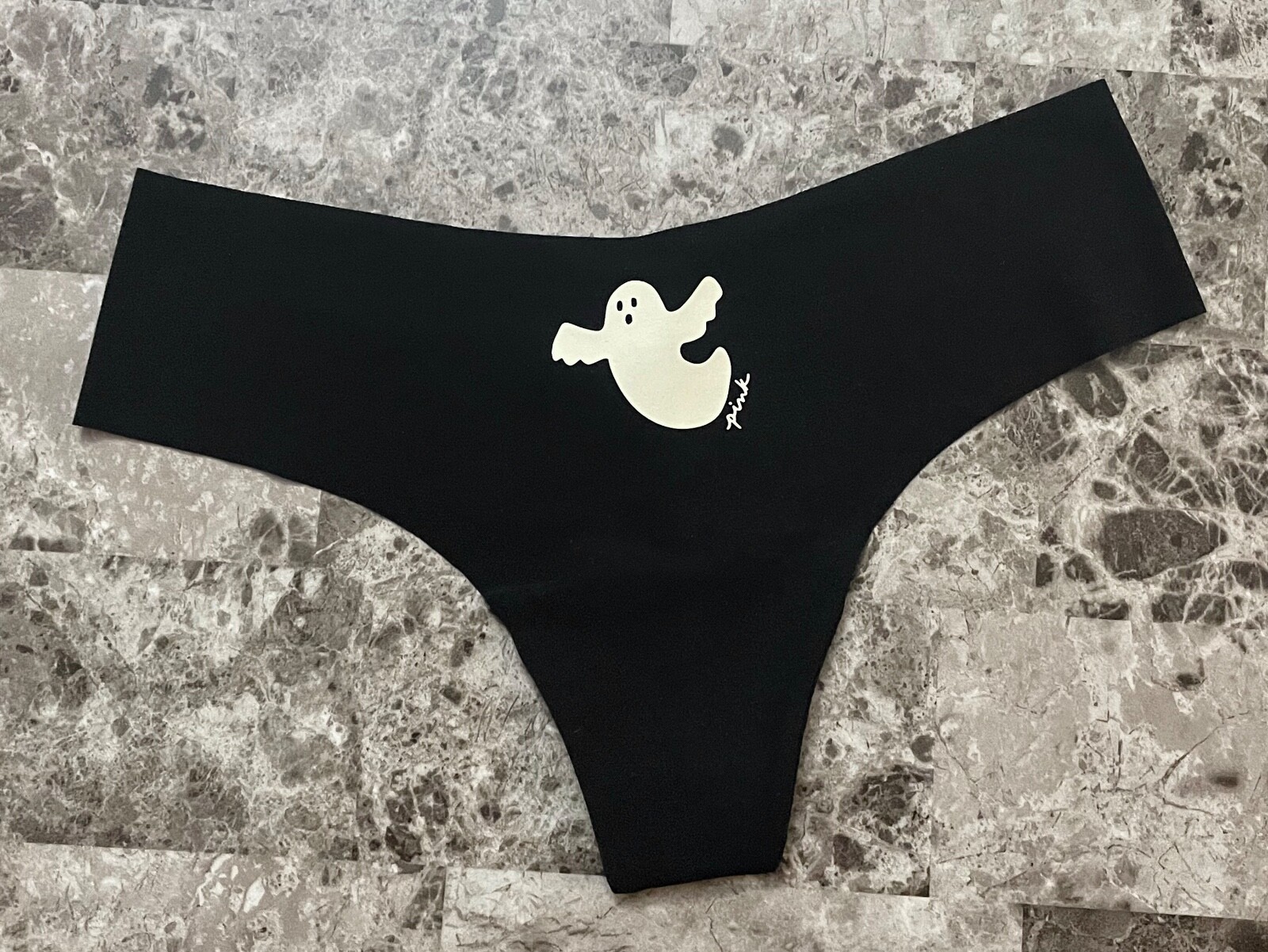 NWOT VICTORIA’S SECRET PINK BLACK WHITE GHOST HALLOWEEN NO SHOW THONG PANTIES