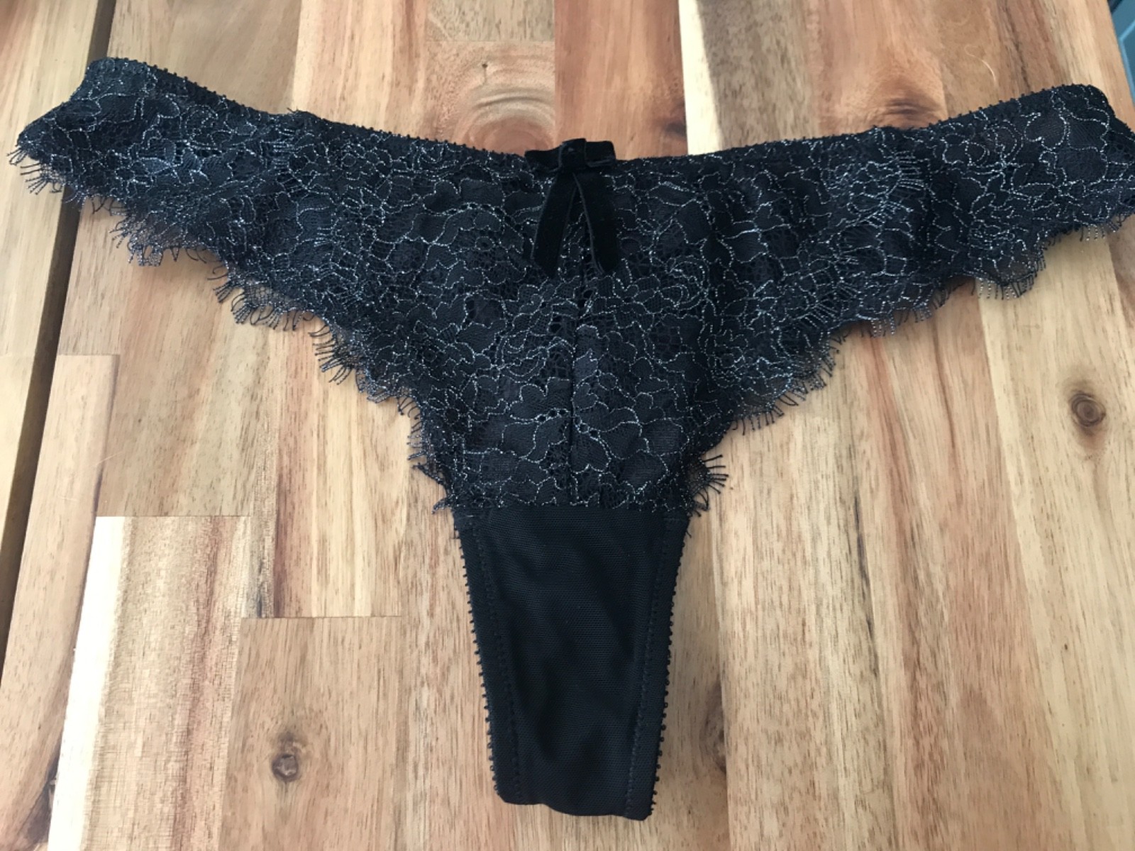 Figleaves black silver thong string sheer back new uk 12 new