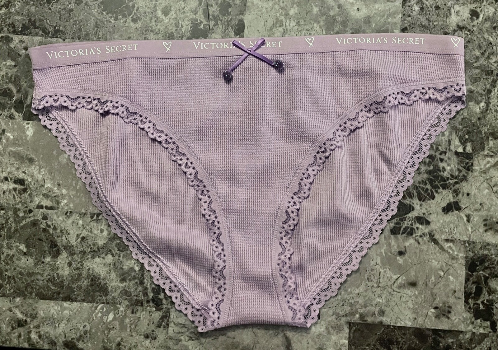 NWT VICTORIA’S SECRET L PURPLE THERMAL WAFFLE LACE POM BOW RARE BIKINI PANTIES