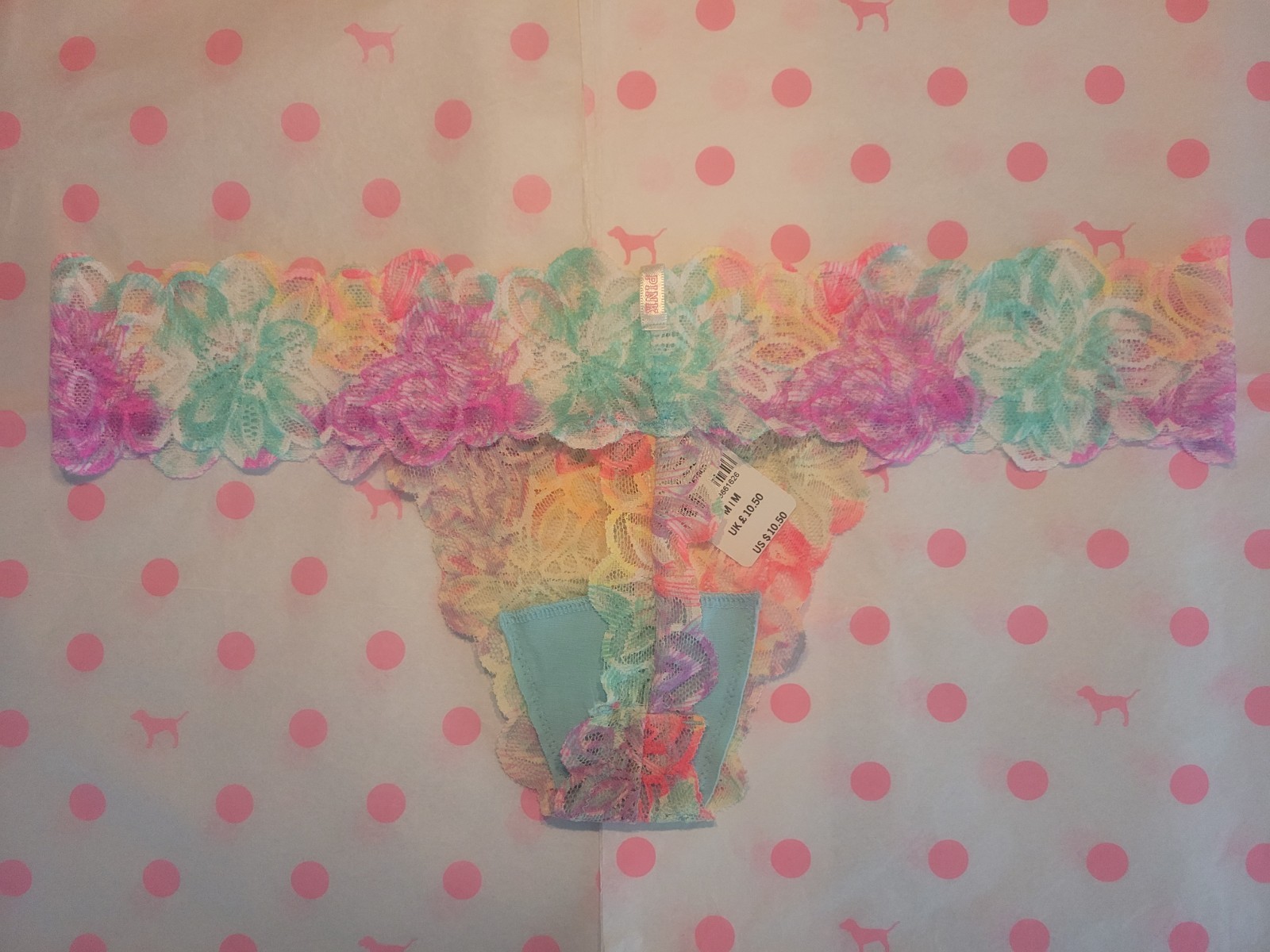 NWT Victoria’s Secret PINK ALL Over Lace Thong Panty – Neon Multi Floral – M